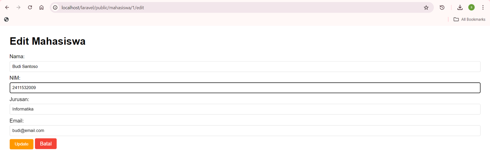 Tampilan Form Edit
