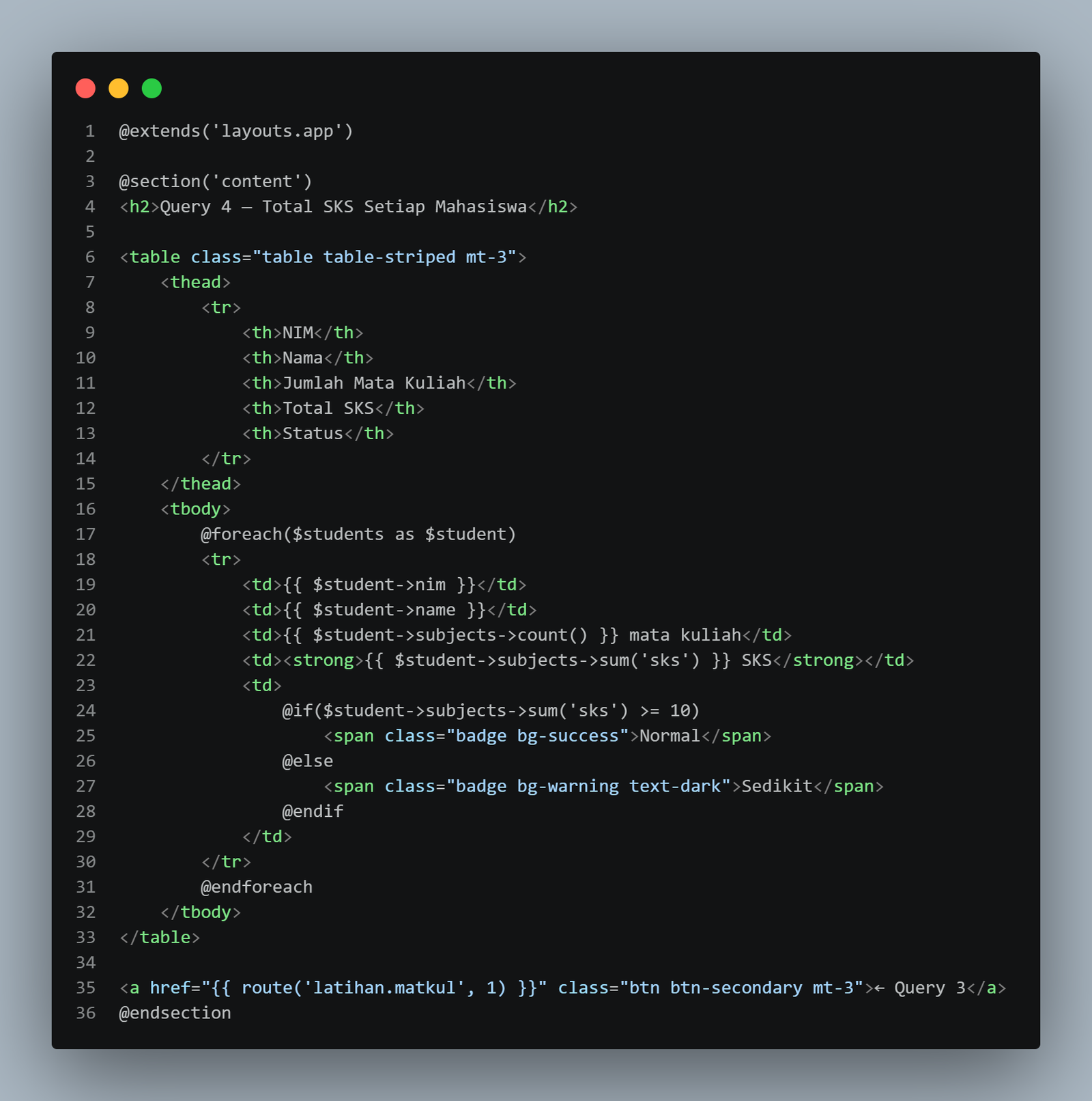 SS VS Code latihan/total_sks.blade.php dengan badge status