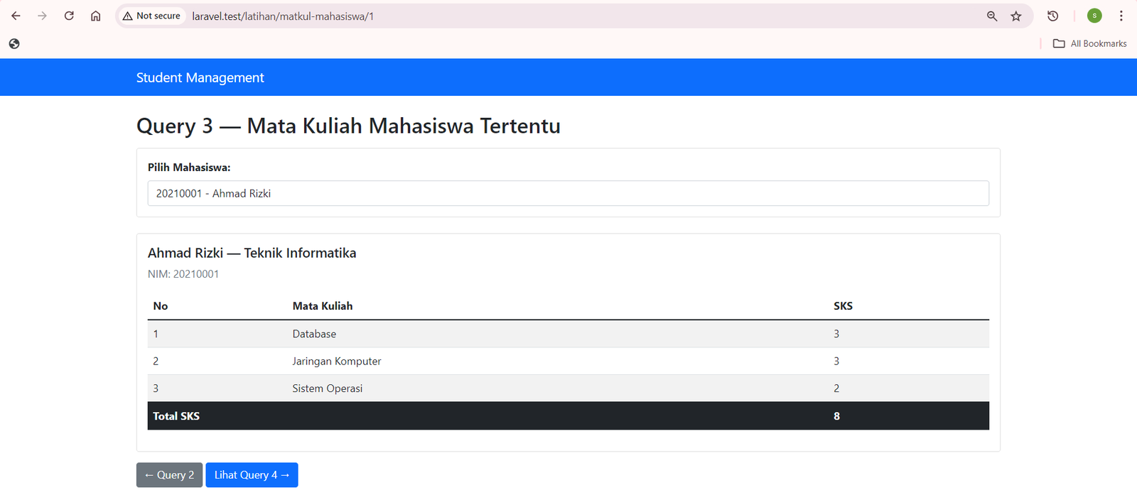 SS Browser /latihan/matkul-mahasiswa/1 — matkul mahasiswa tertentu