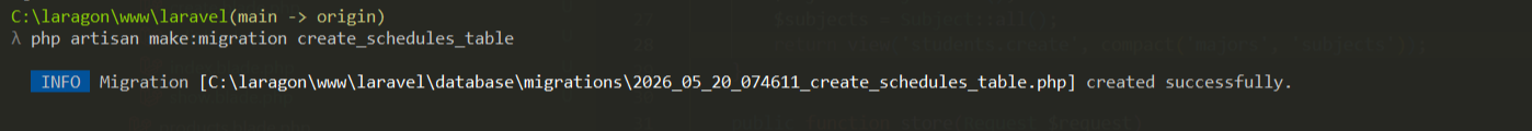 SS VS Code migration create_schedules_table dengan kolom lengkap