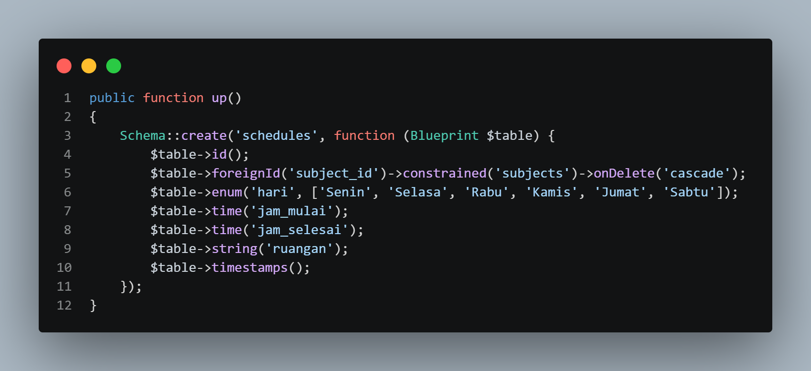 SS Terminal php artisan migrate — tabel schedules berhasil dibuat