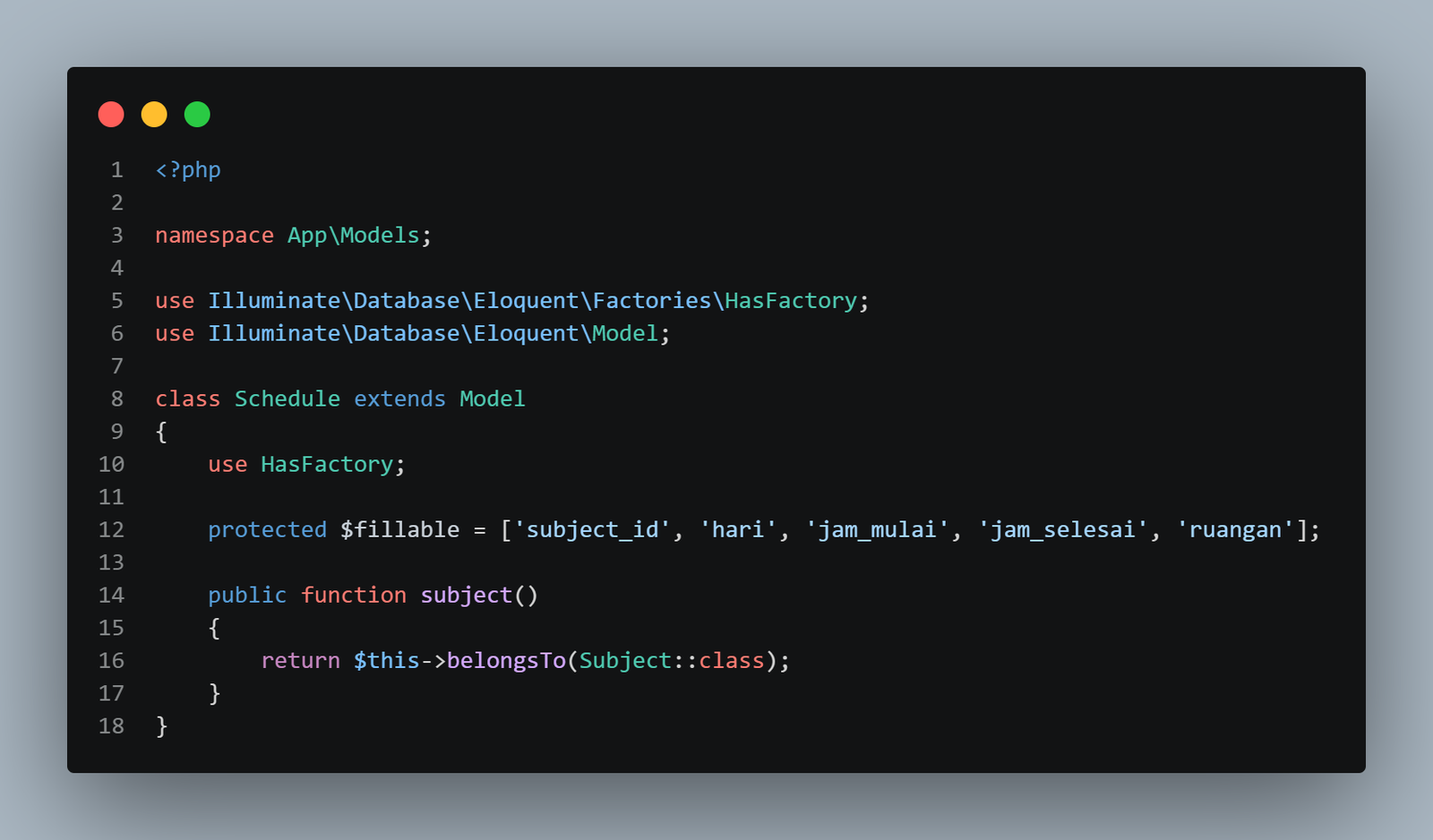 SS VS Code Schedule.php dengan belongsTo Subject dan fillable