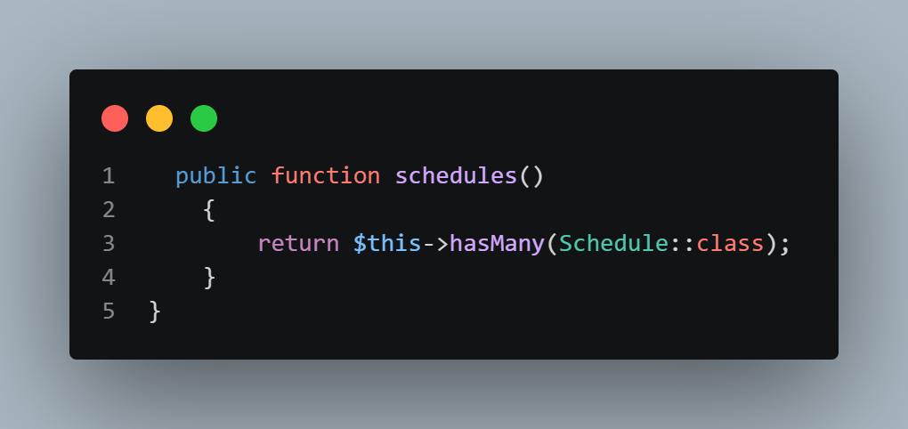 SS VS Code Subject.php dengan tambahan method schedules hasMany