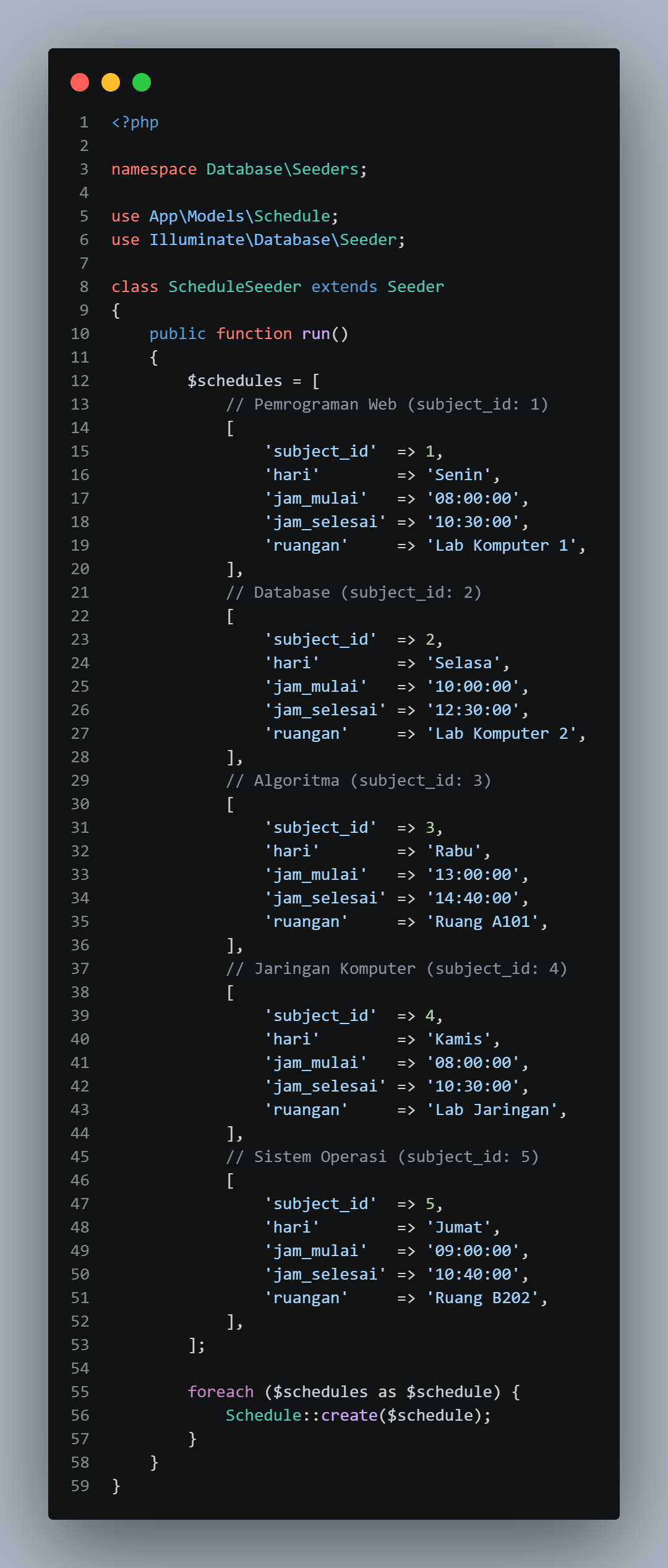 SS VS Code ScheduleSeeder.php dengan 5 data jadwal per matkul