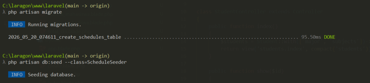 SS Terminal php artisan db:seed --class=ScheduleSeeder berhasil