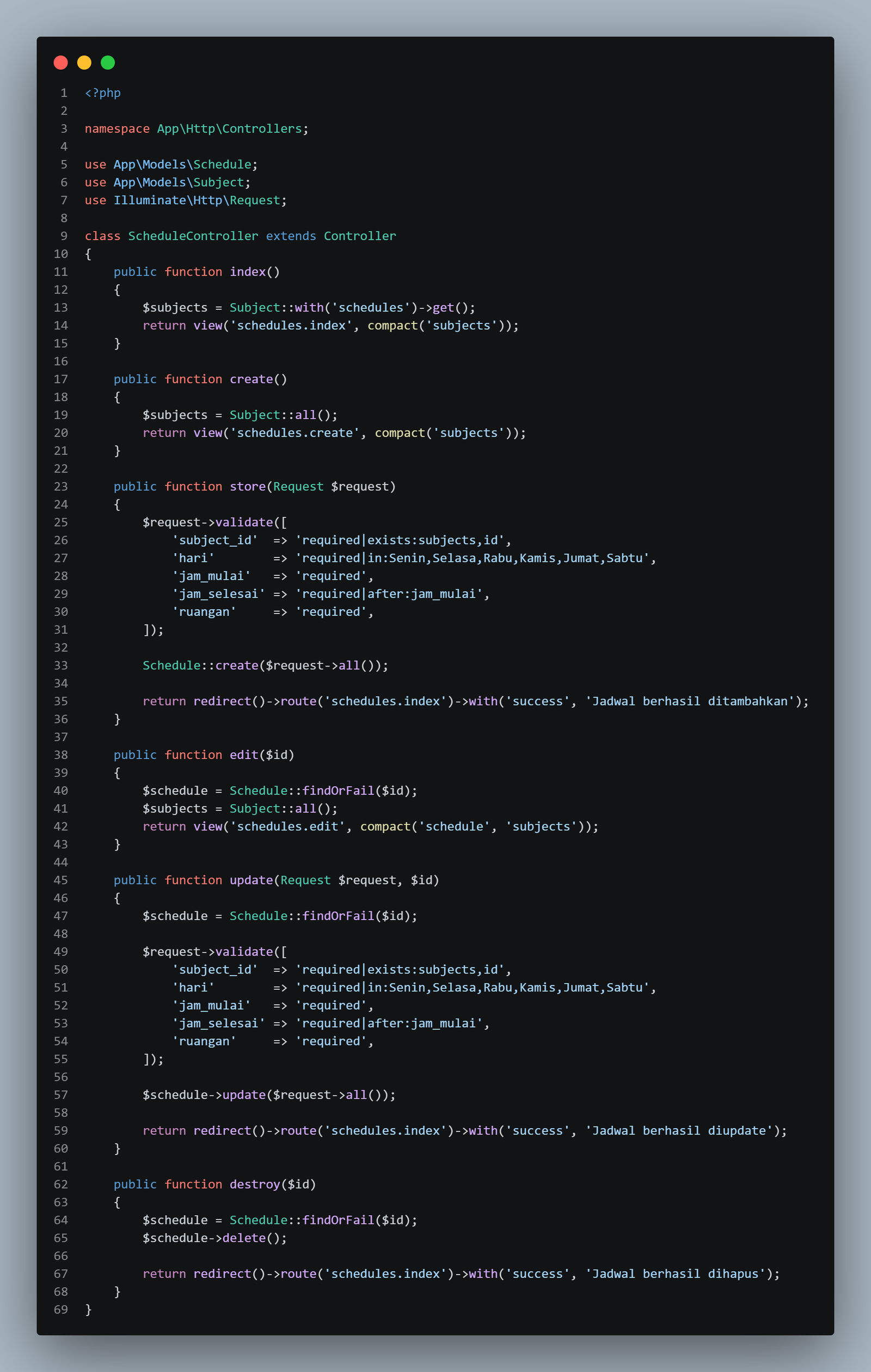 SS VS Code ScheduleController.php dengan 5 method CRUD