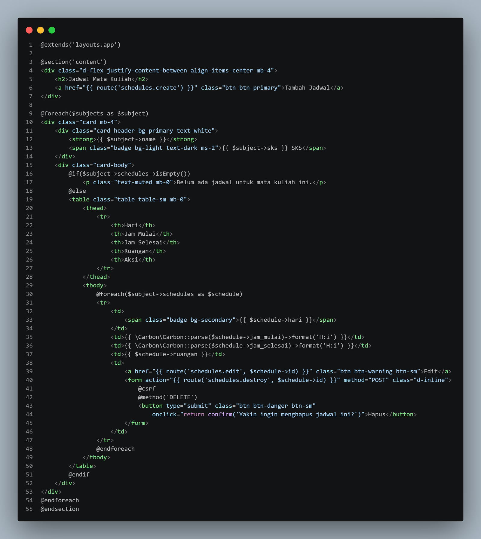 SS VS Code schedules/index.blade.php dengan card per mata kuliah