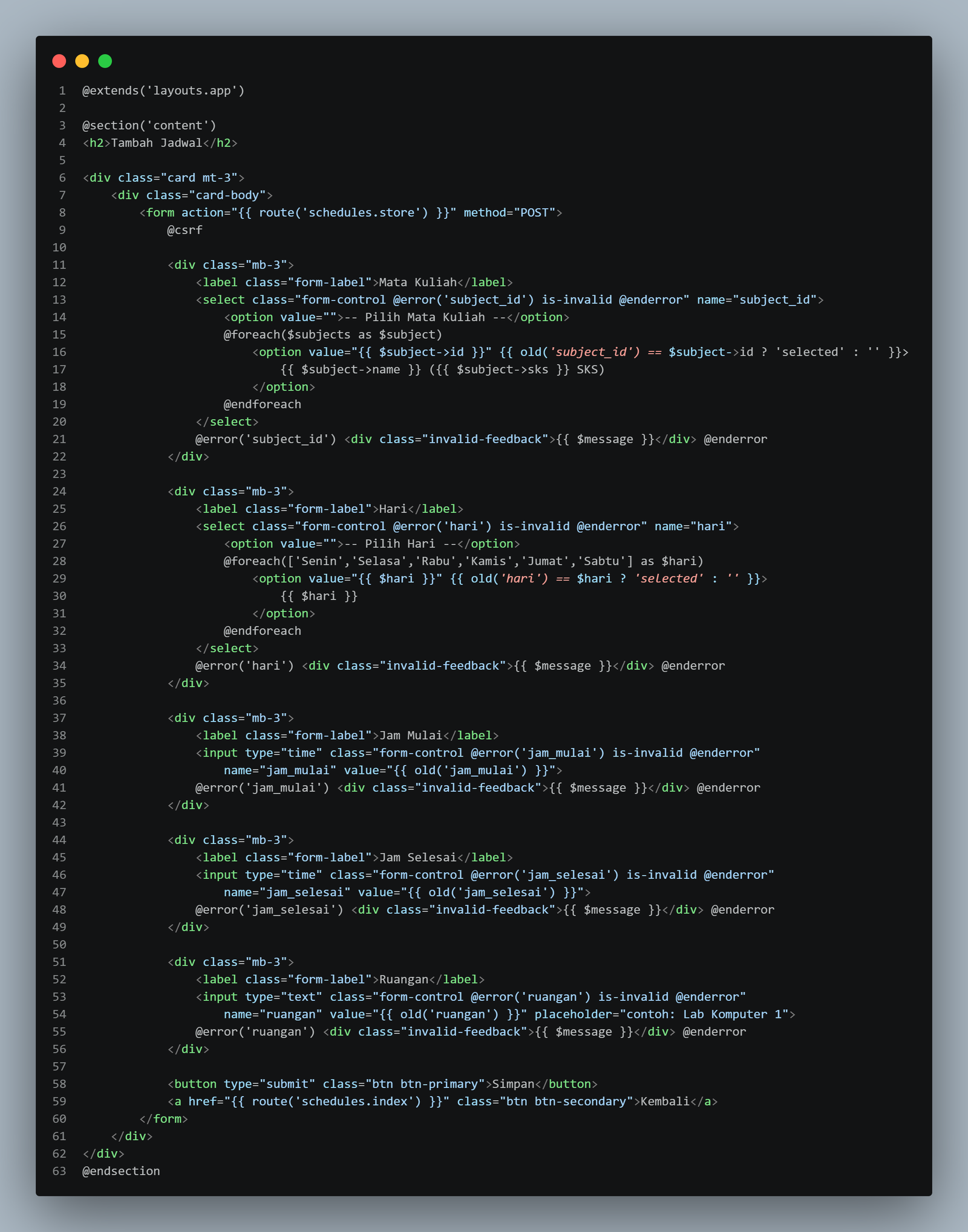SS VS Code schedules/create.blade.php dengan form jadwal lengkap