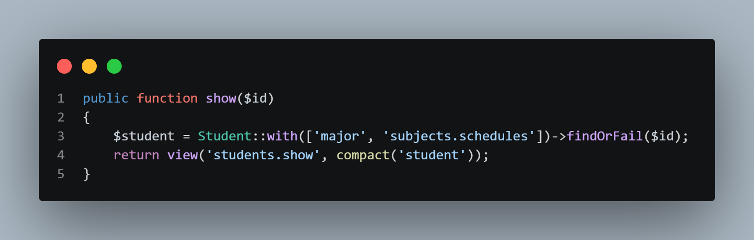 SS VS Code StudentController show dengan subjects.schedules eager loading