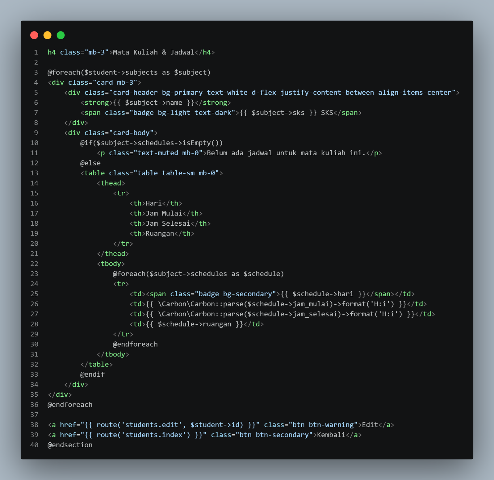 SS VS Code students/show.blade.php dengan card jadwal per matkul