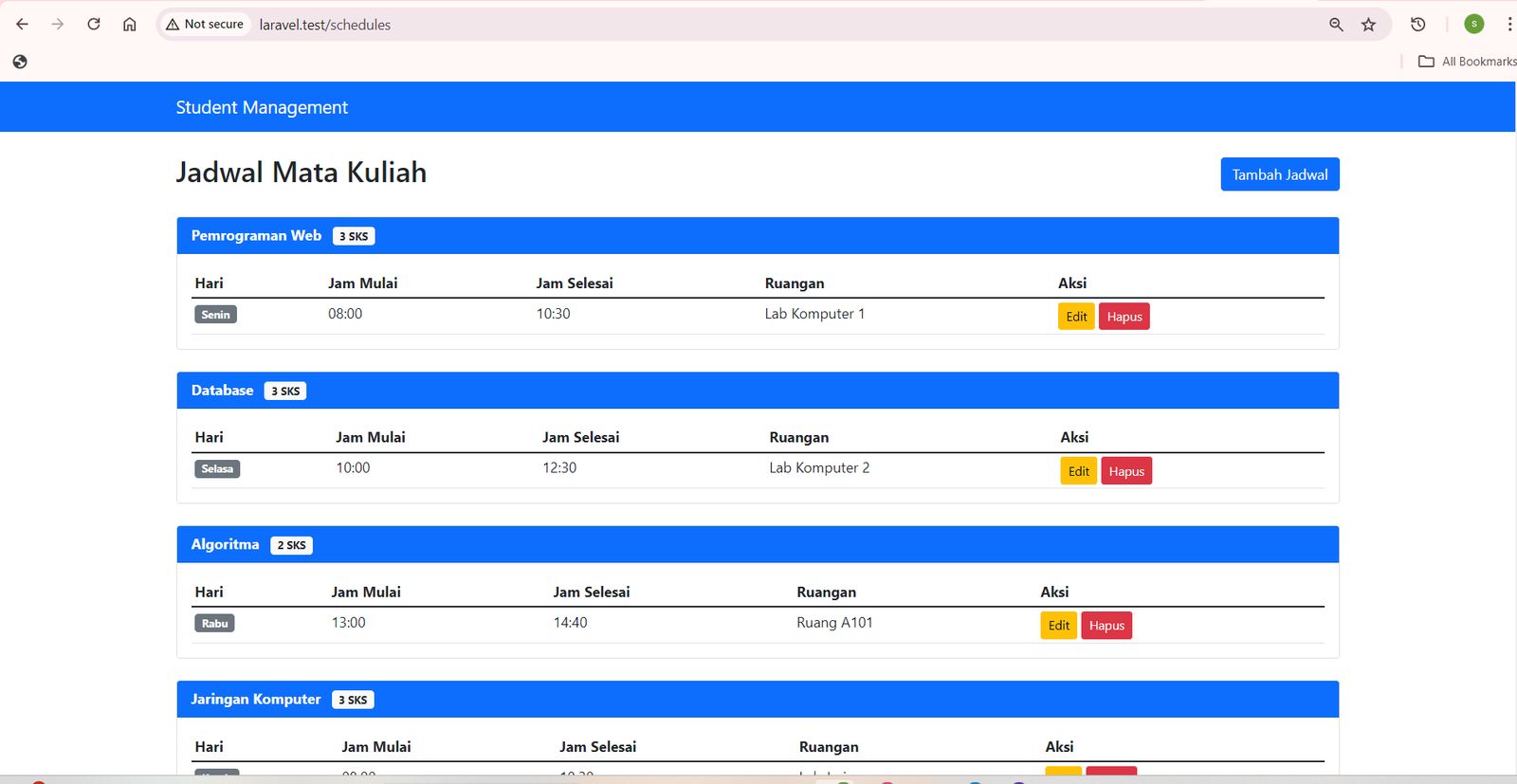SS Browser /schedules — halaman daftar jadwal per mata kuliah
