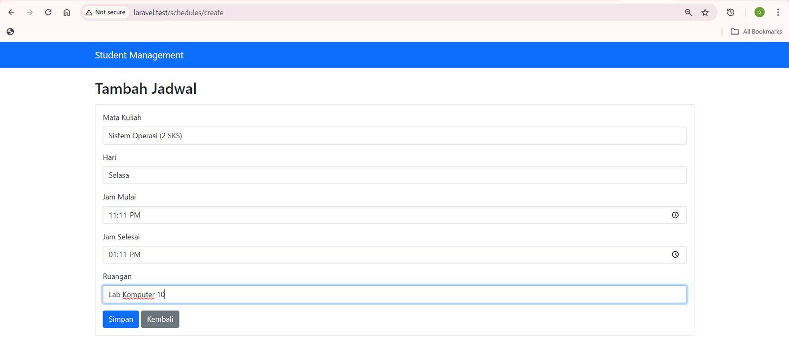 SS Browser /schedules/create — form tambah jadwal