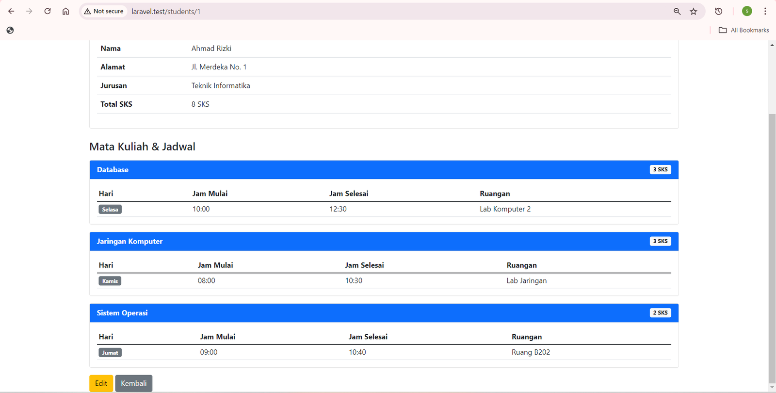 SS Browser /students/1 — detail mahasiswa dengan jadwal matkul tampil