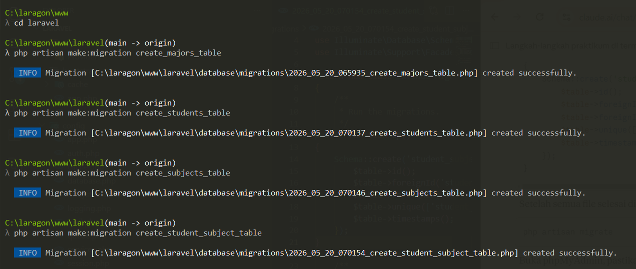 SS Terminal php artisan make:migration create_majors_table
