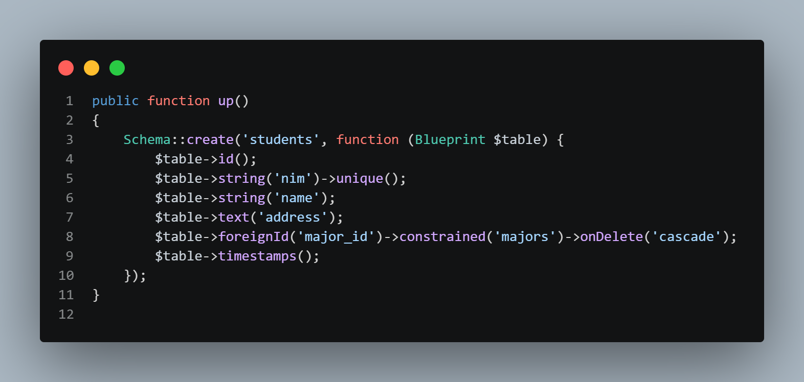 SS VS Code isi method up students_table dengan foreignId major_id