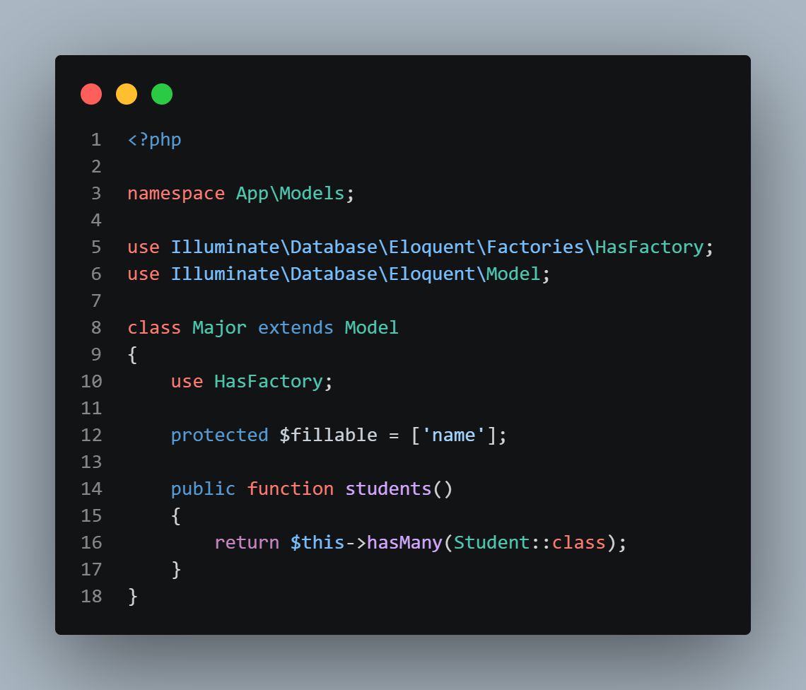 SS VS Code Major.php dengan method hasMany students