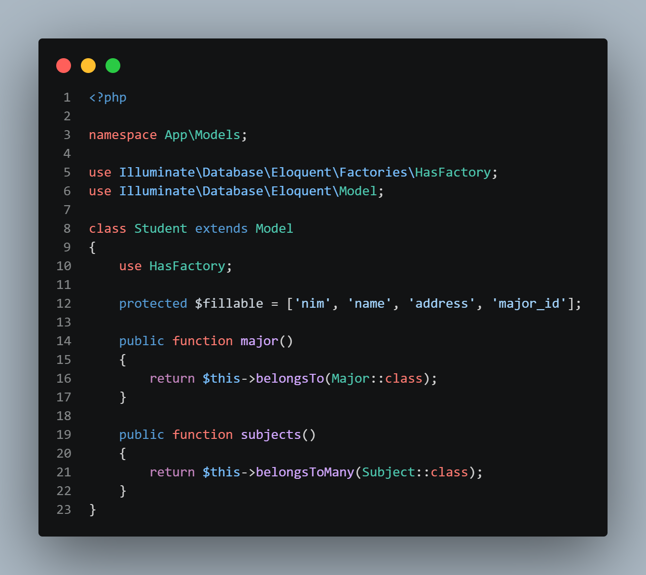SS VS Code Student.php dengan belongsTo dan belongsToMany
