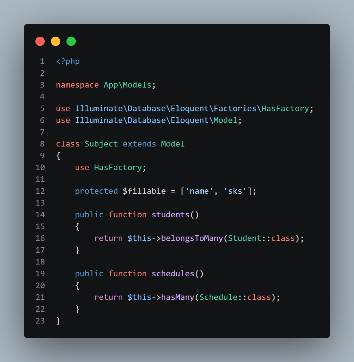 SS VS Code Subject.php dengan belongsToMany students