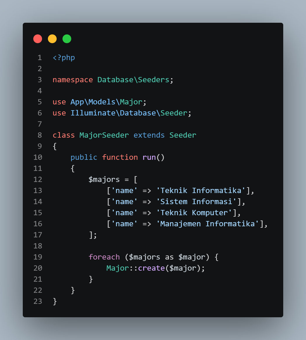 SS VS Code MajorSeeder.php dengan 4 data jurusan