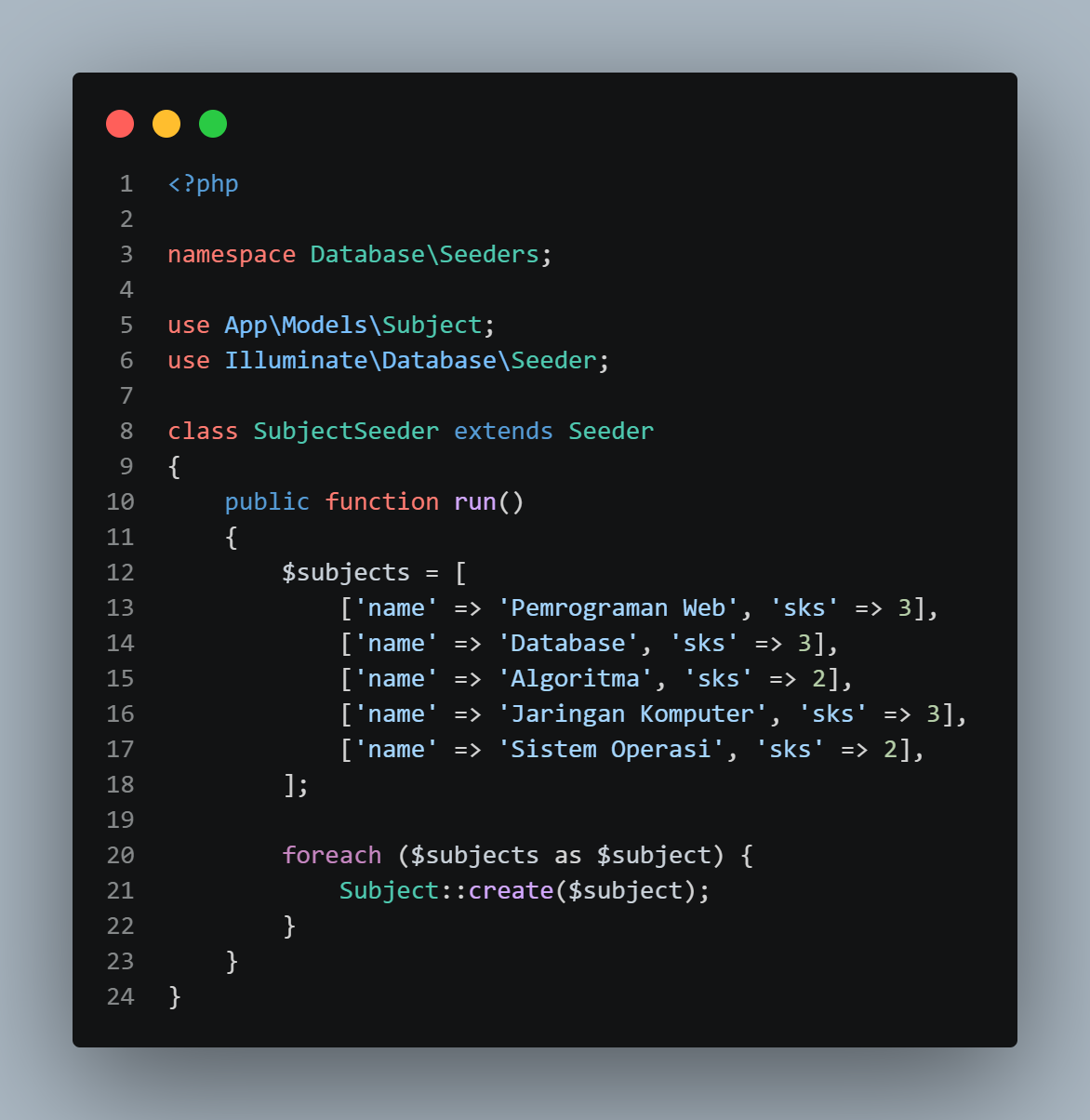 SS VS Code SubjectSeeder.php dengan 5 mata kuliah dan SKS