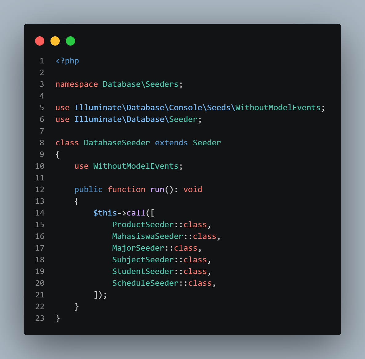 SS VS Code DatabaseSeeder.php + Terminal php artisan db:seed sukses