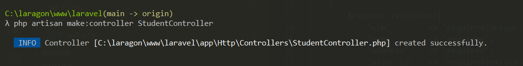 SS Terminal php artisan make:controller StudentController