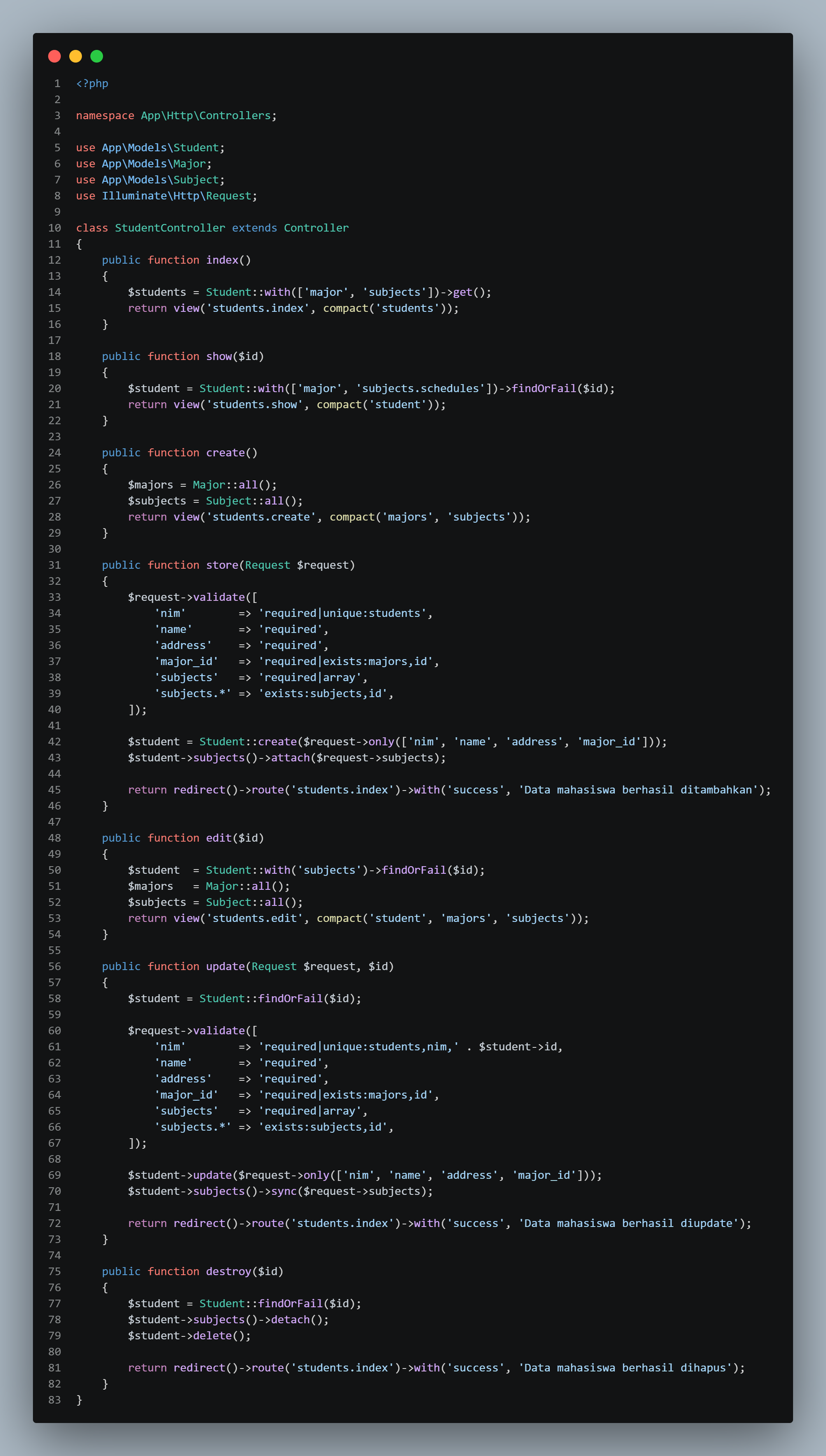 SS VS Code StudentController.php dengan 7 method CRUD lengkap