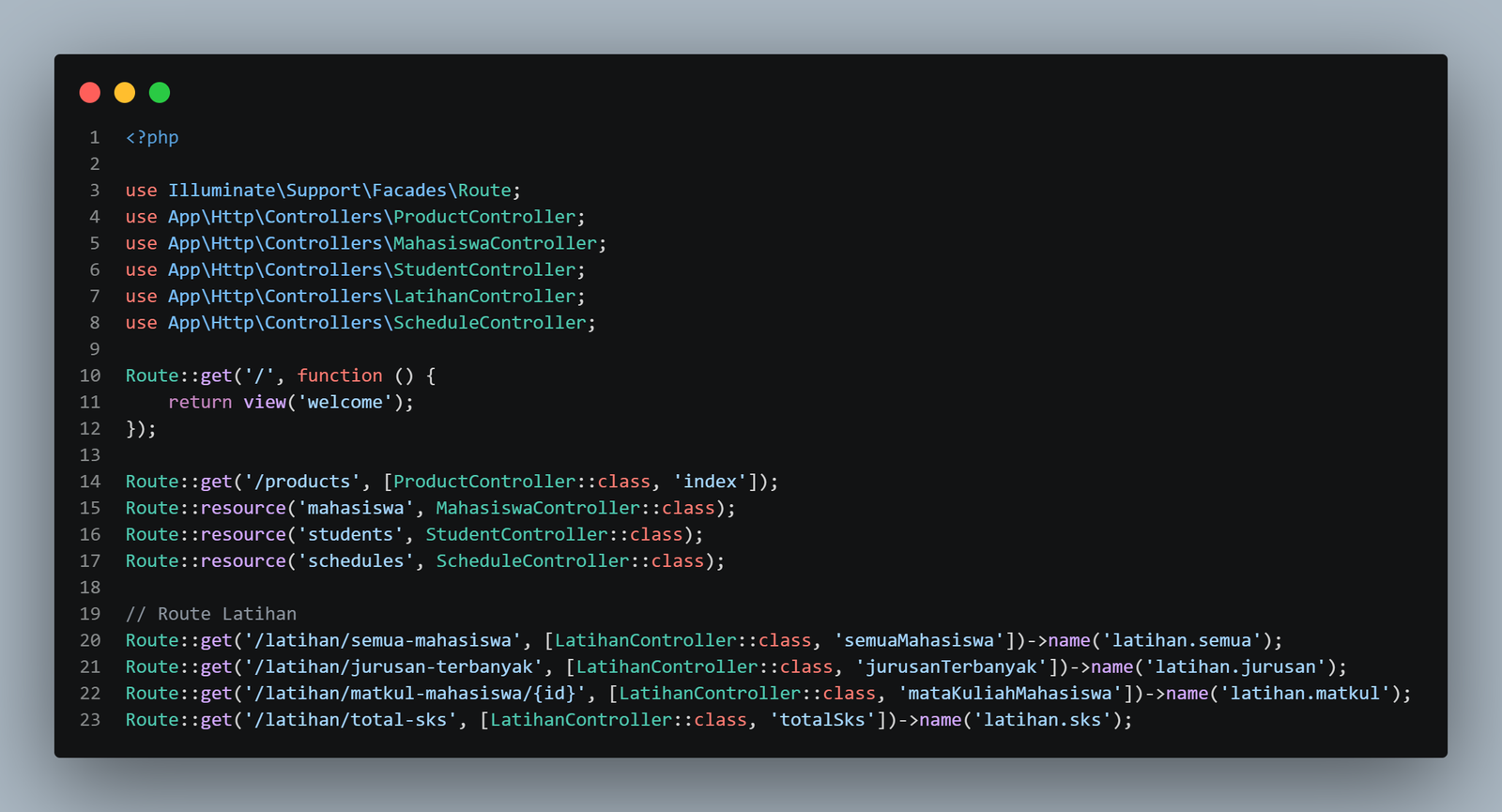 SS VS Code routes/web.php dengan Route::resource students