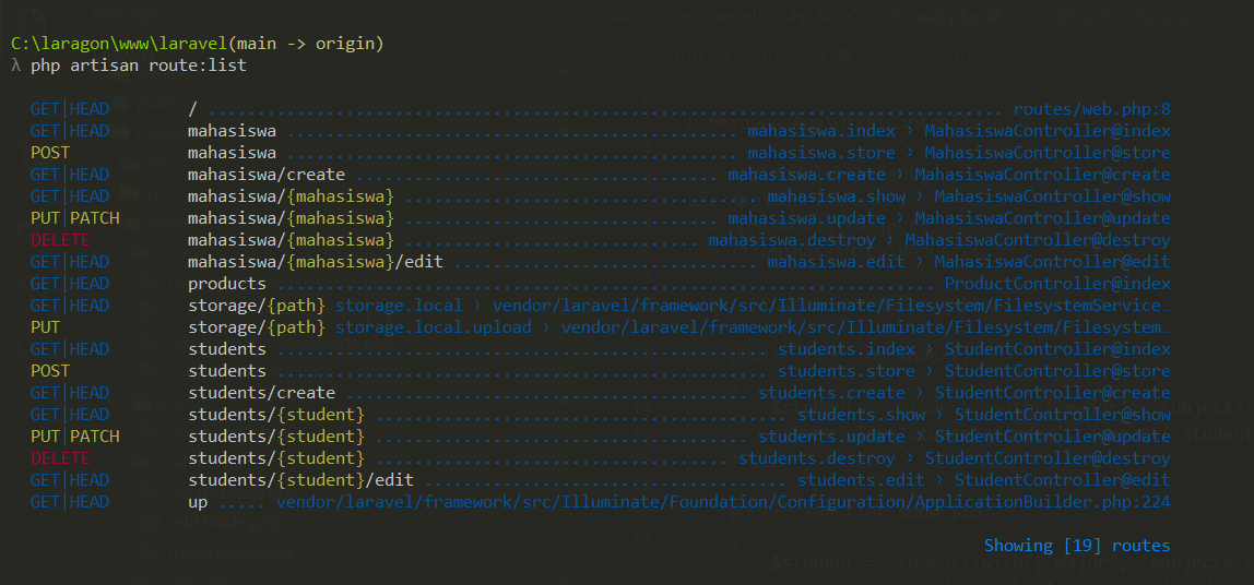 SS Terminal php artisan route:list menampilkan 7 route students