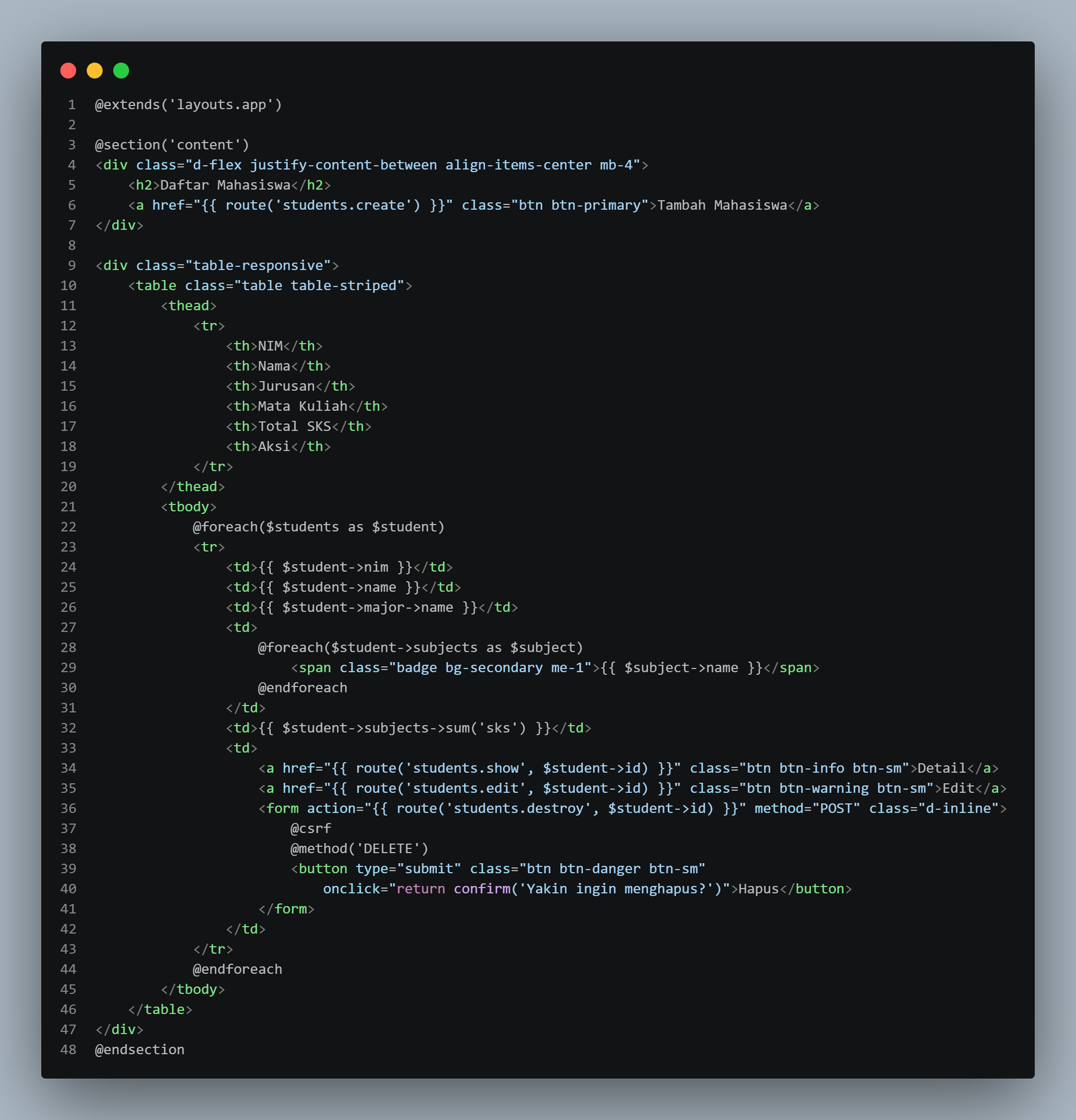 SS VS Code students/index.blade.php dengan tabel dan badge mata kuliah