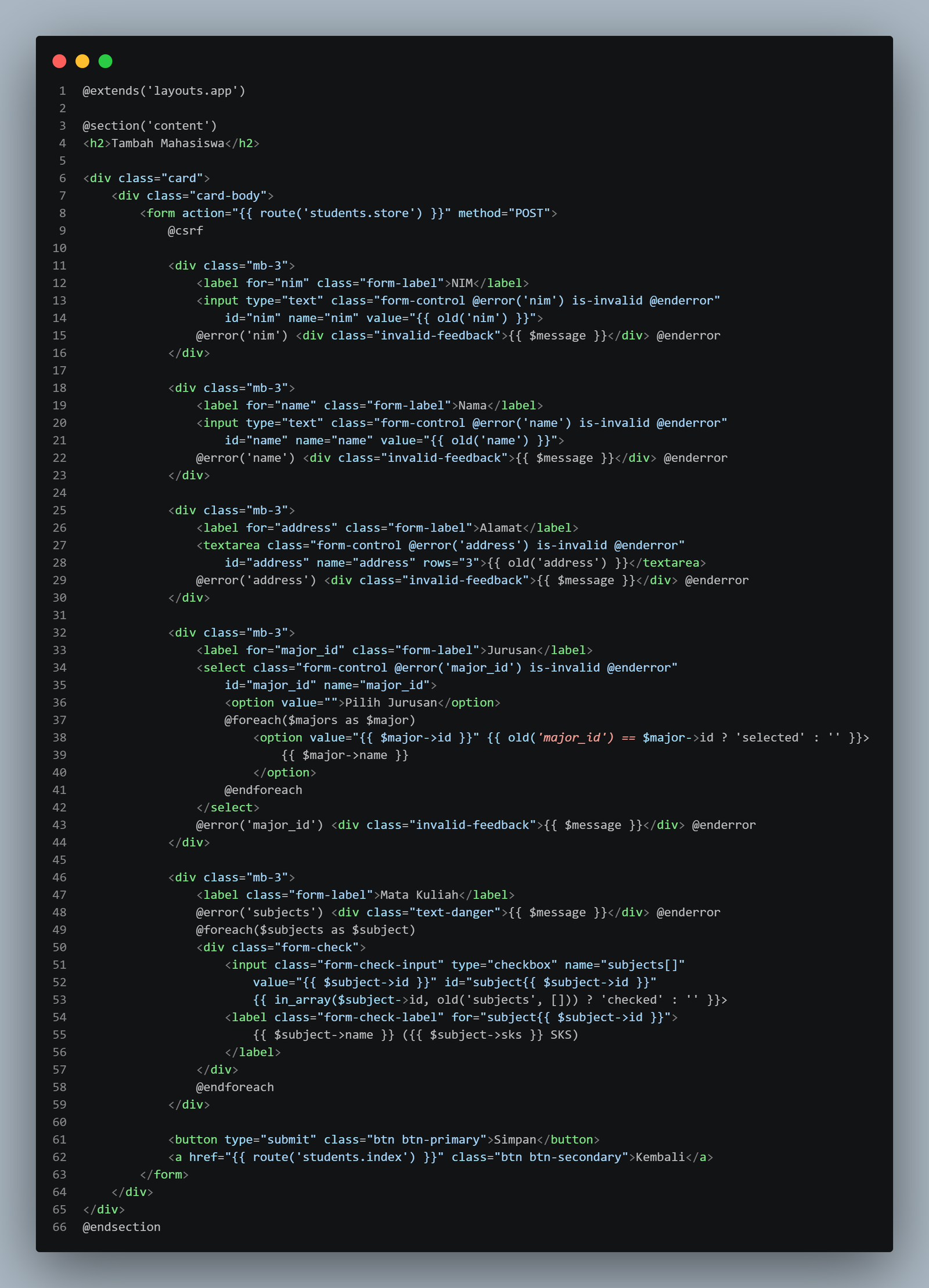 SS VS Code students/create.blade.php dengan form dan checkbox matkul