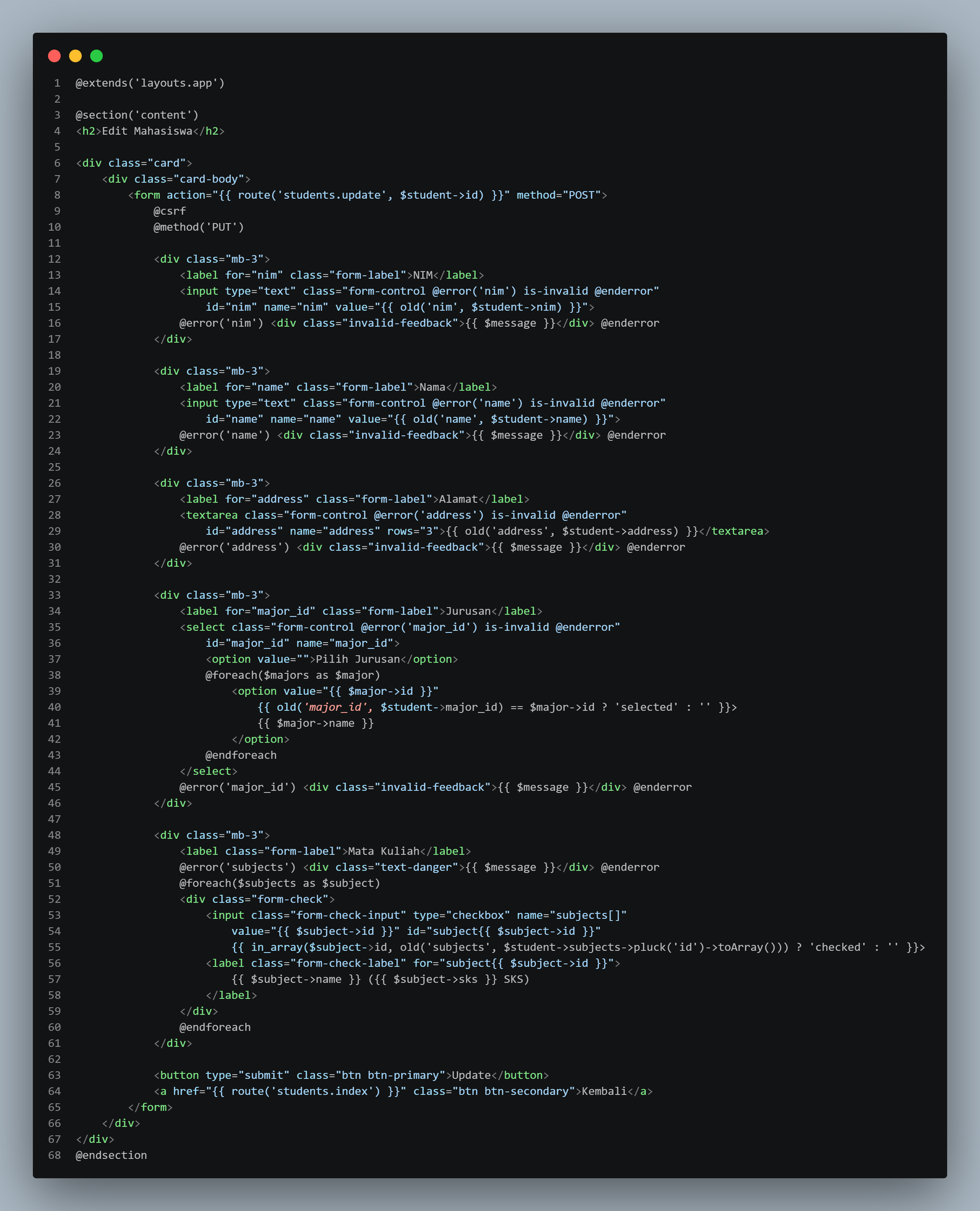 SS VS Code students/edit.blade.php dengan @method PUT dan nilai lama