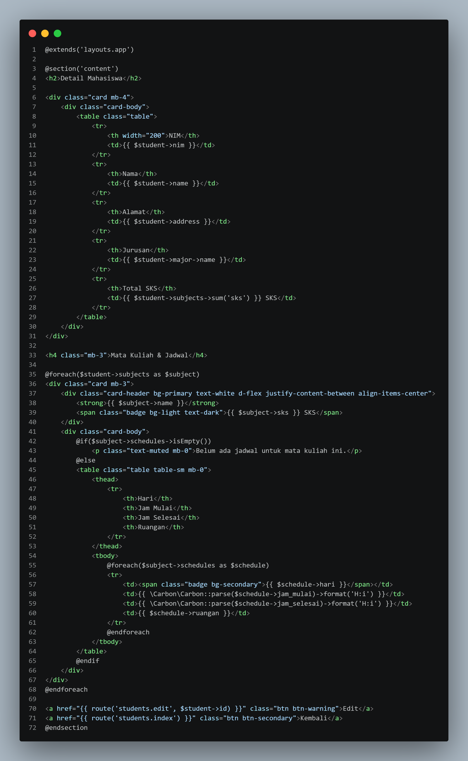 SS VS Code students/show.blade.php dengan detail lengkap mahasiswa