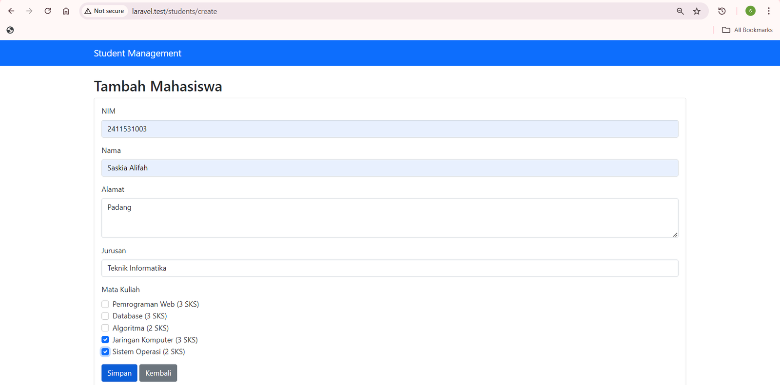 SS Browser form tambah mahasiswa dengan dropdown dan checkbox