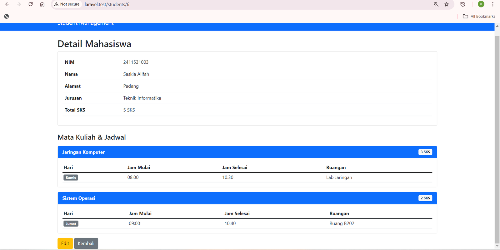 SS Browser halaman detail show mahasiswa dengan info lengkap