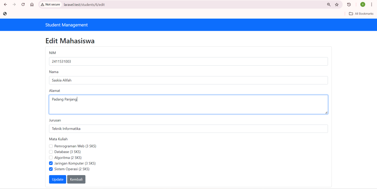 SS Browser form edit mahasiswa dengan data terisi otomatis