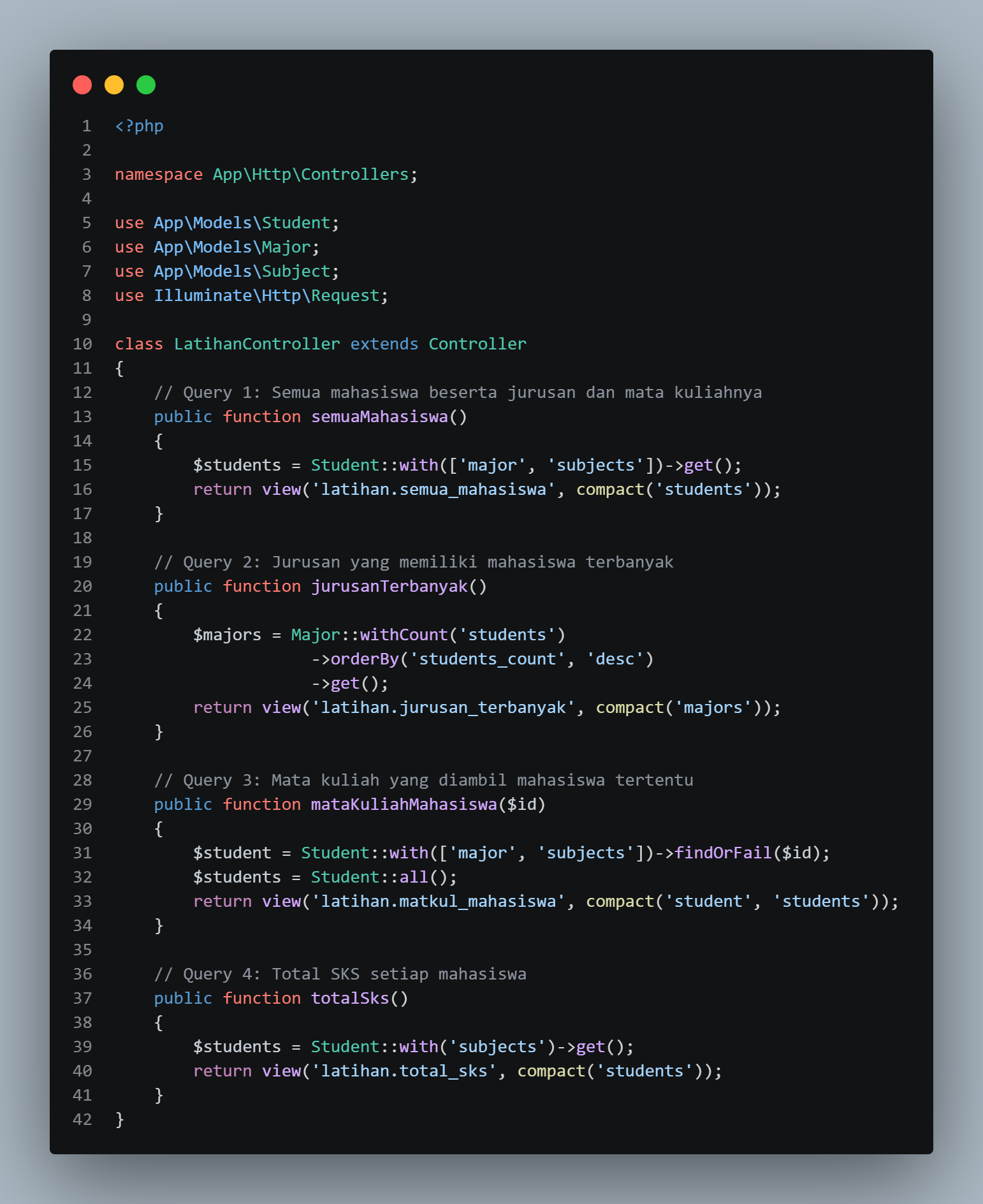 SS VS Code LatihanController.php dengan 4 method query