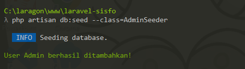 AdminSeeder berhasil dijalankan