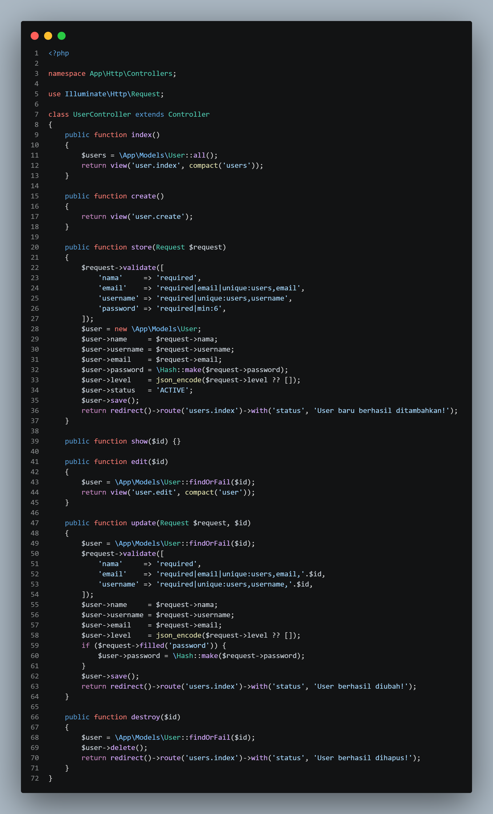 Isi UserController lengkap