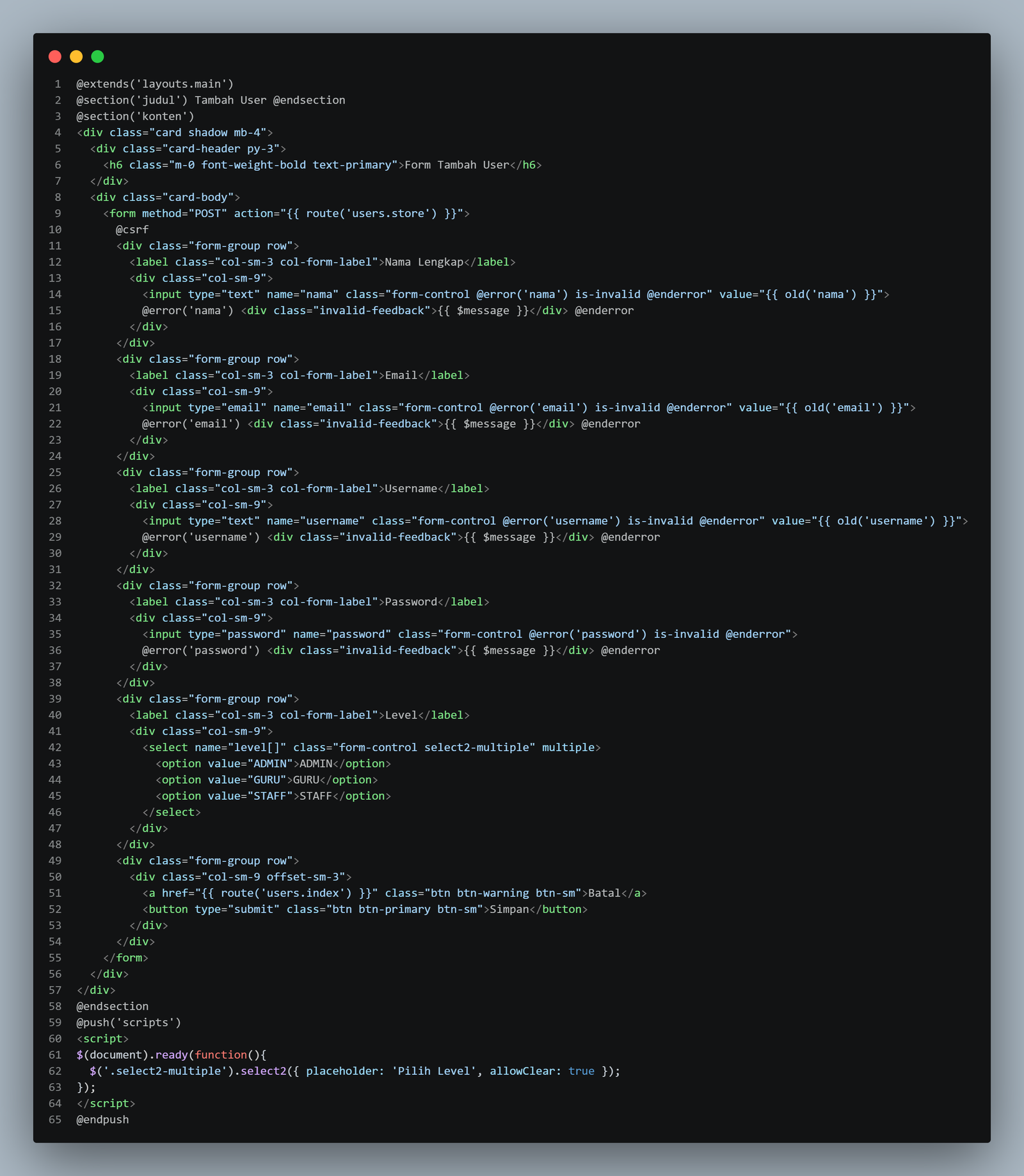 View user/create.blade.php