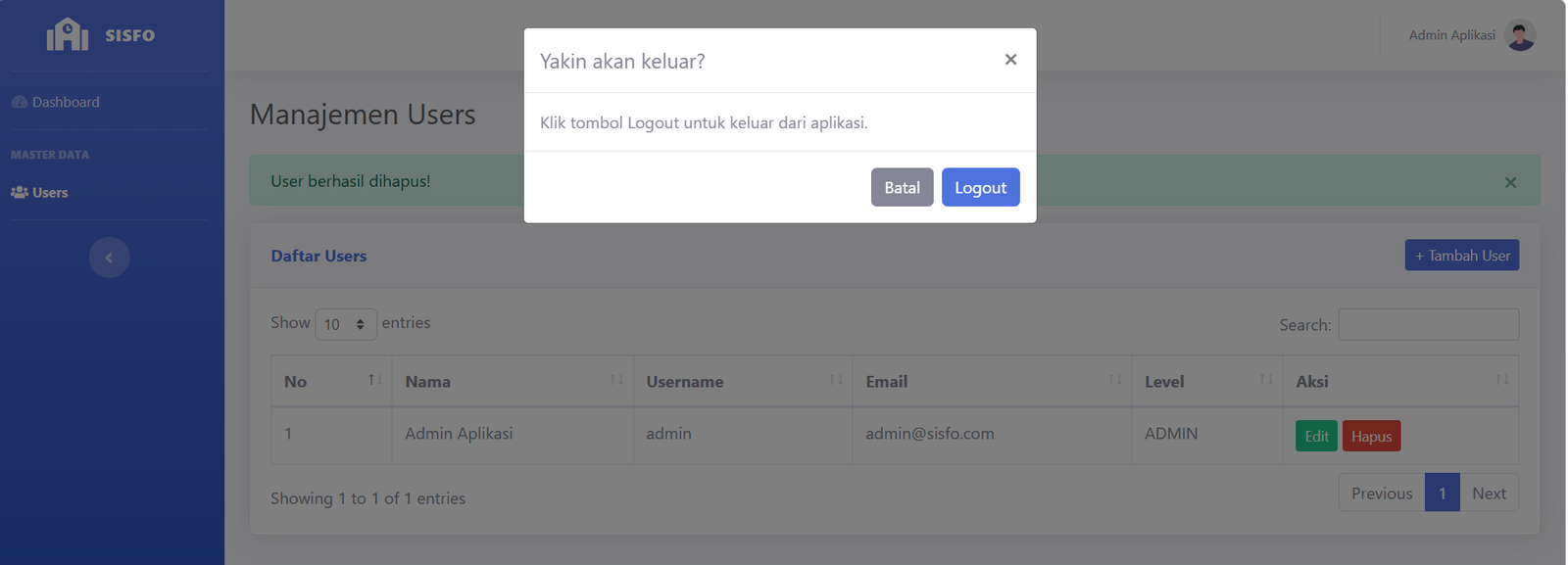 Modal konfirmasi logout