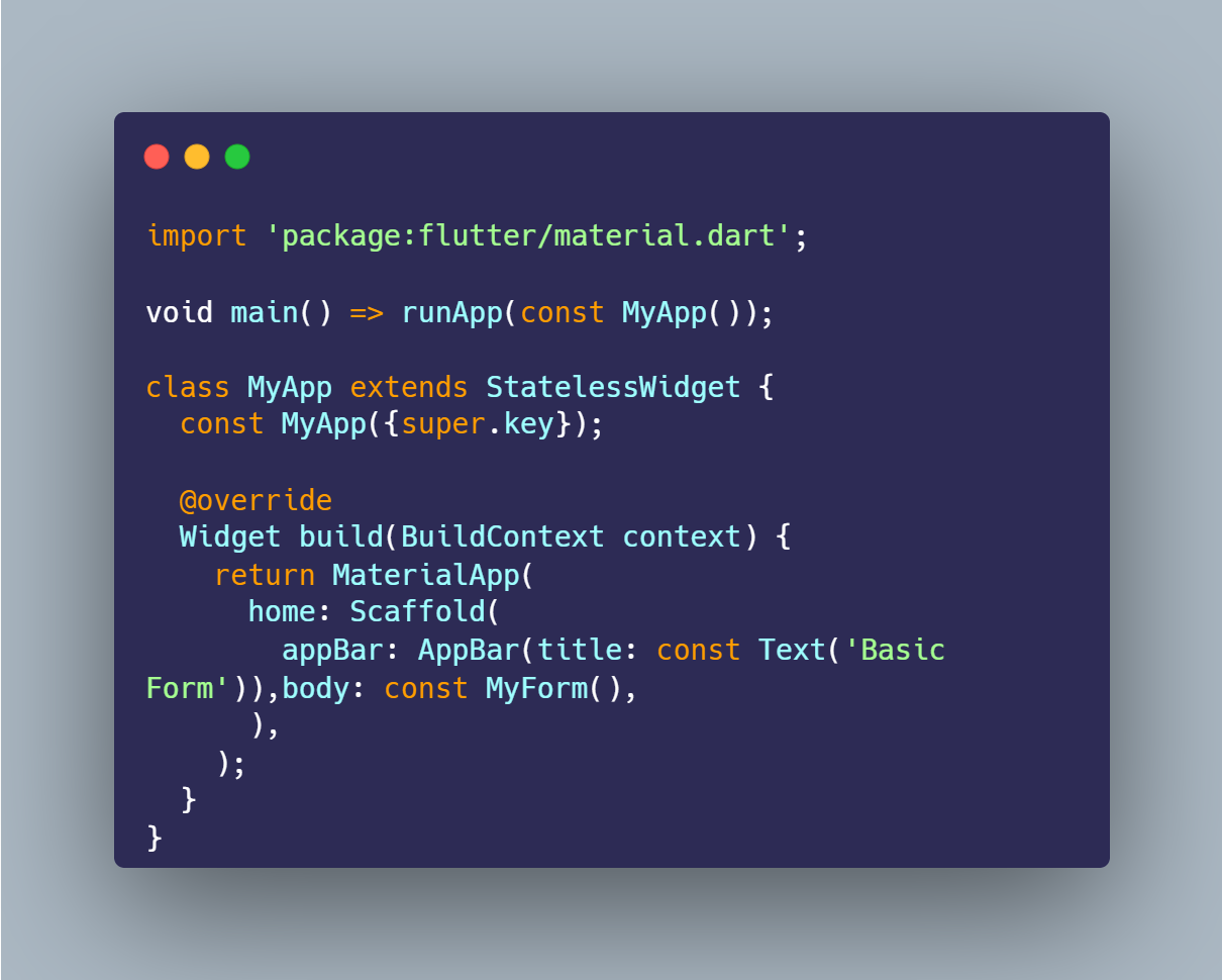 SS VS Code struktur MyApp, MaterialApp, Scaffold pada form_textfield.dart