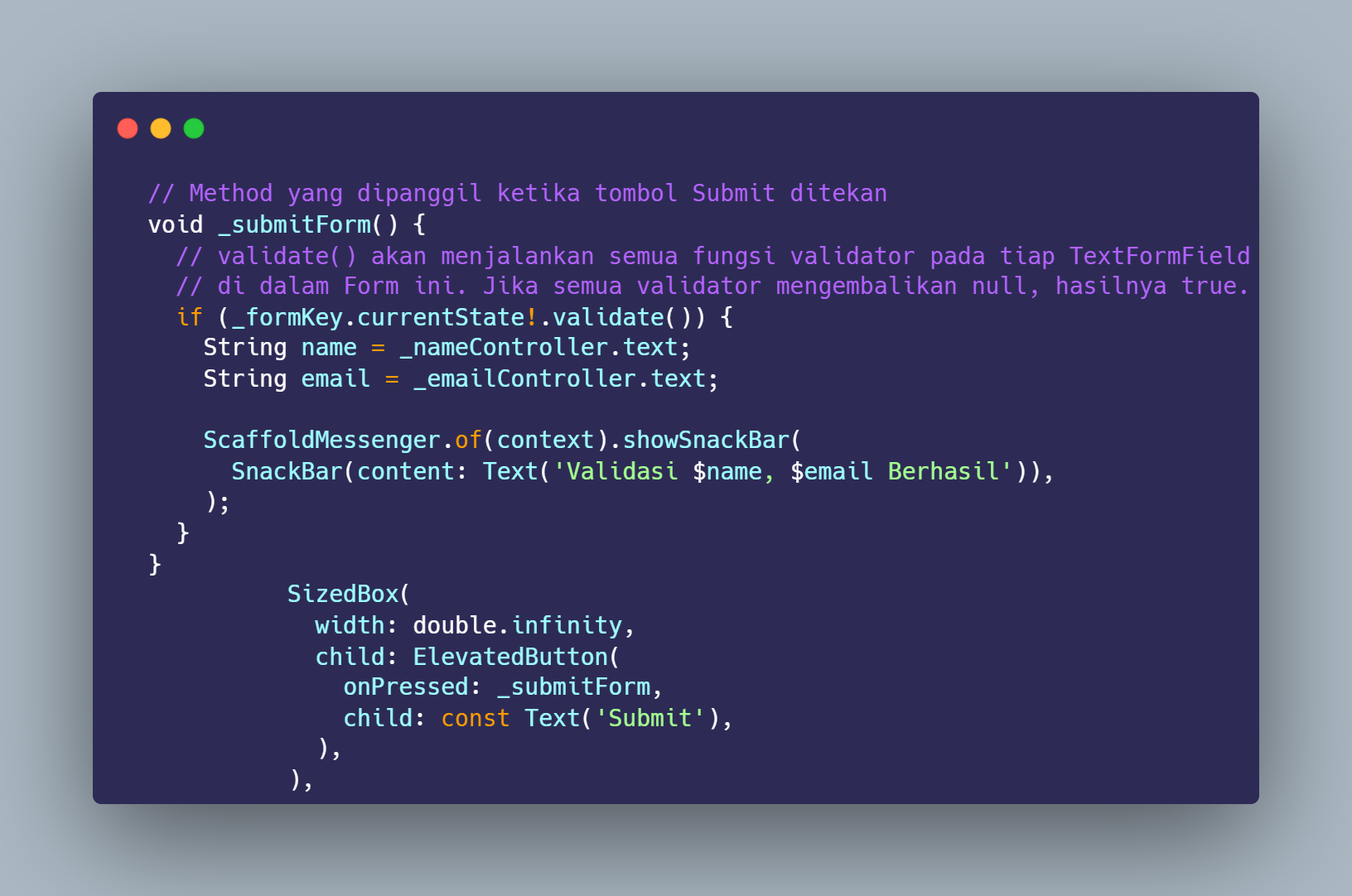 SS VS Code method _submitForm validate dan ElevatedButton Submit