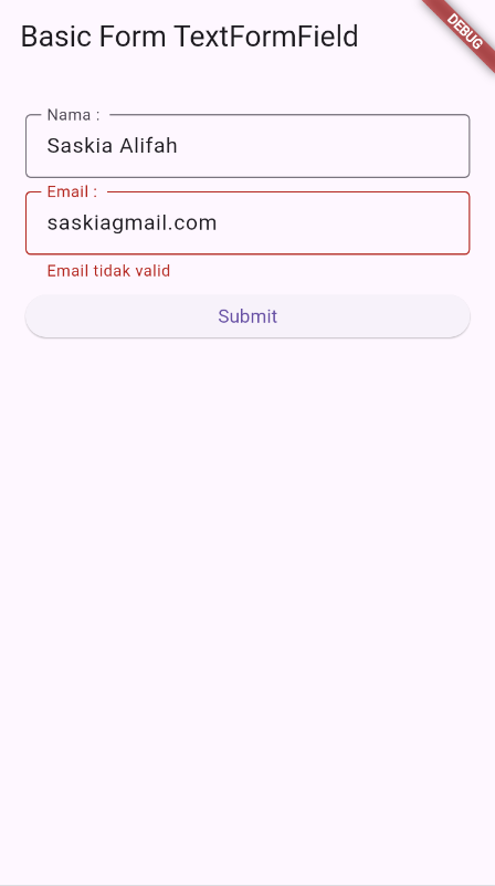 SS hasil running form_textformfield.dart pesan Email tidak valid karena tanpa karakter @