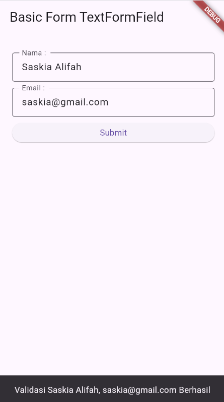 SS hasil running form_textformfield.dart validasi berhasil dan SnackBar muncul