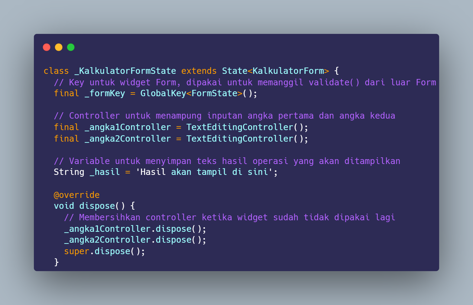SS VS Code deklarasi formKey angka1Controller angka2Controller dan variable hasil