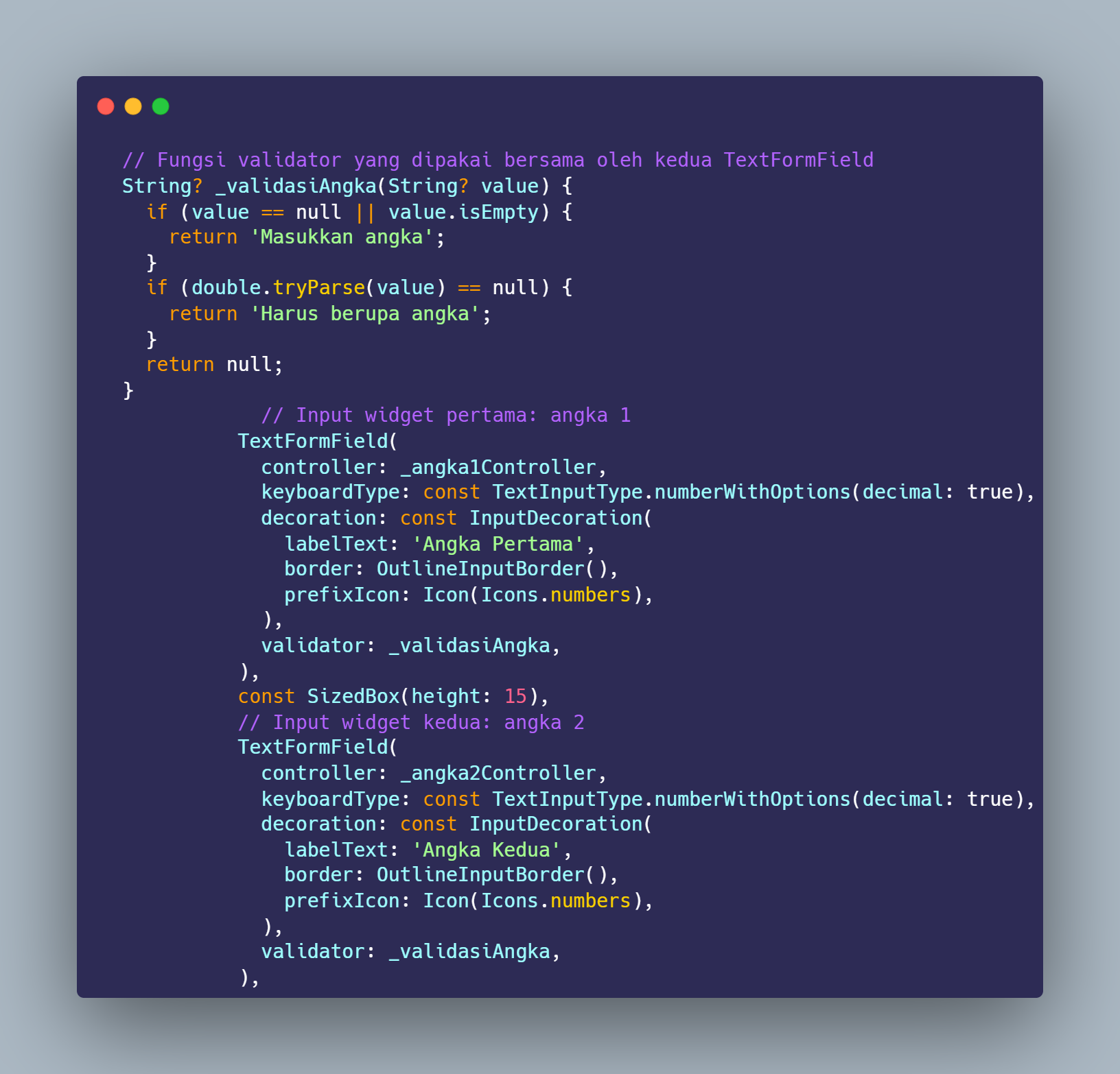 SS VS Code dua TextFormField angka pertama dan kedua dengan validasiAngka