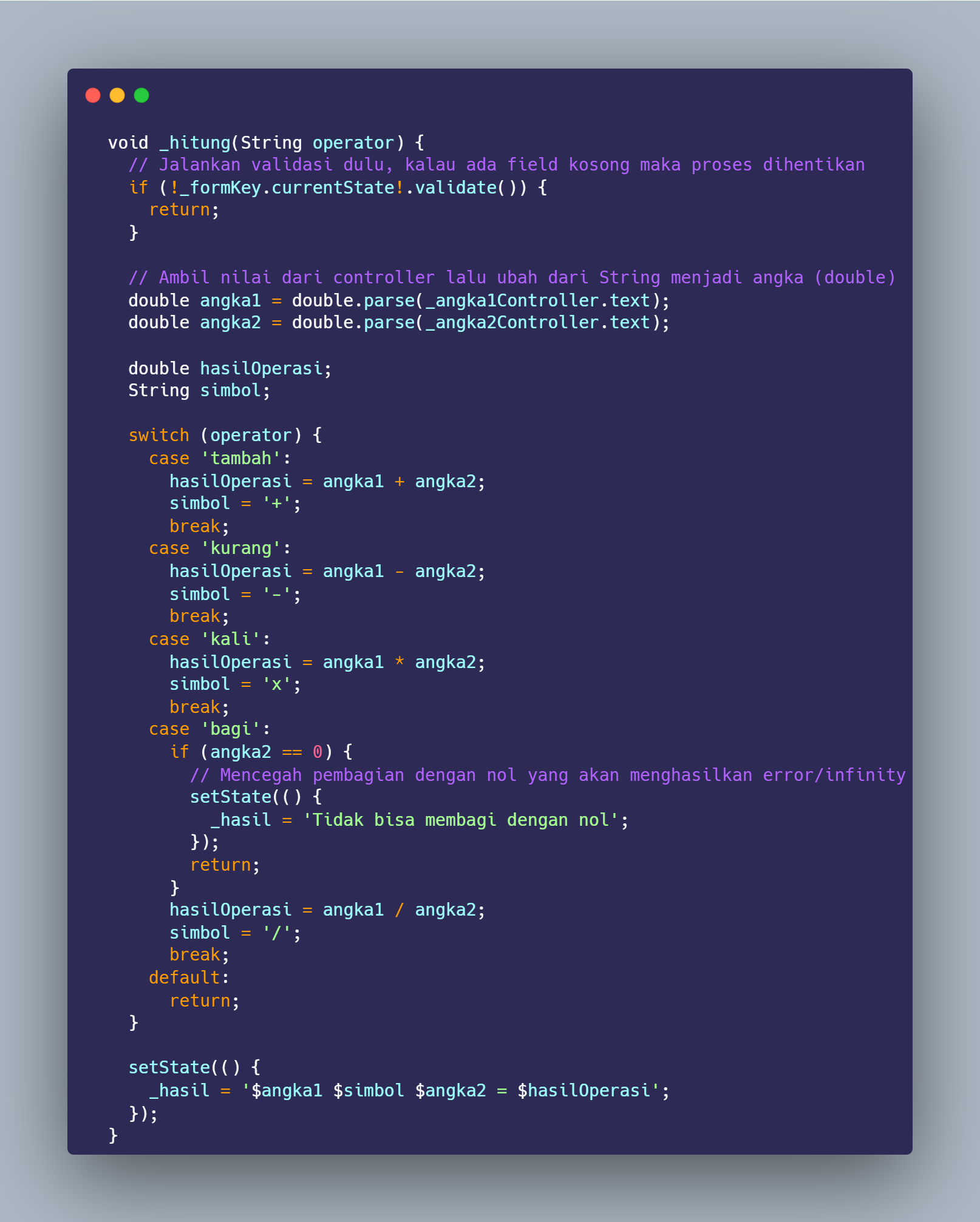 SS VS Code method hitung switch case tambah kurang kali bagi dan cek pembagian nol