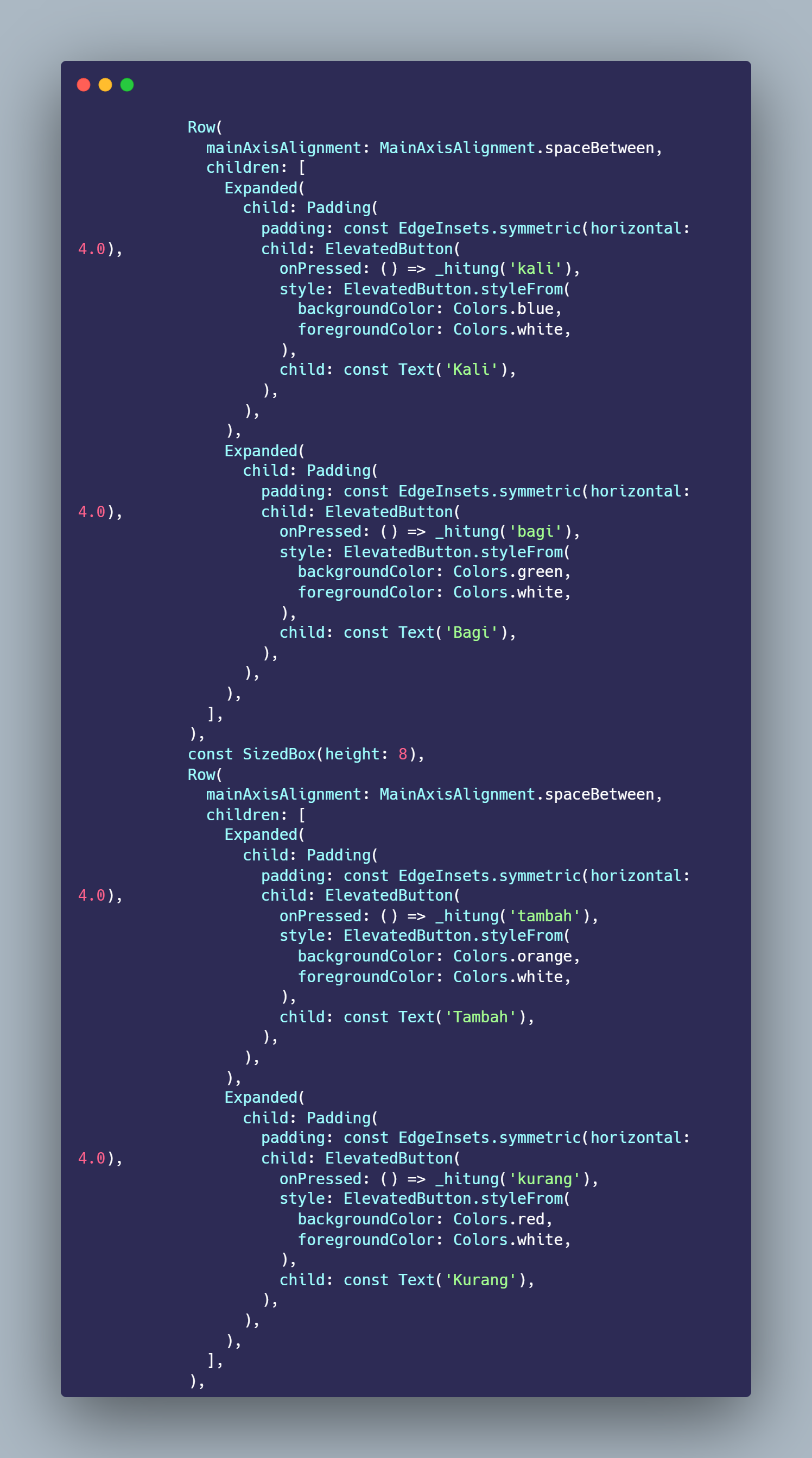 SS VS Code Row Expanded ElevatedButton Kali Bagi Tambah Kurang dengan warna berbeda