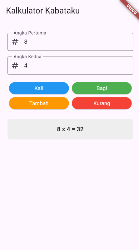 SS hasil running kalkulator_kabataku.dart dengan hasil operasi tambah kurang kali bagi